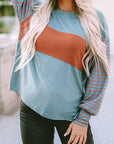 Green Colorblock Striped Bishop Sleeve Top