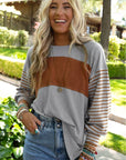 Green Colorblock Striped Bishop Sleeve Top