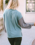 Green Colorblock Striped Bishop Sleeve Top