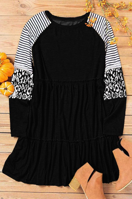 Women Leopard Patchwork Long Sleeve Mini Dress