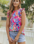 Women Rose Floral Print Tank Top with Ruffles