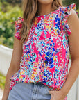 Women Rose Floral Print Tank Top with Ruffles