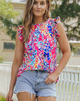 Women Rose Floral Print Tank Top with Ruffles