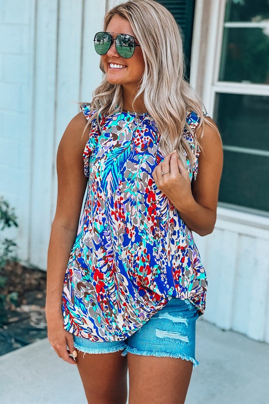 Women Rose Floral Print Tank Top with Ruffles