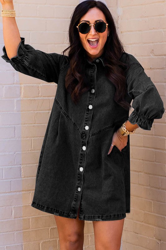 Women Buttoned Long Sleeve Denim Mini Dress