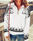 Women Geometry Knit Quarter Zip Sweater