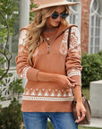 Women Geometry Knit Quarter Zip Sweater