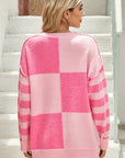 Checkered Color Block Striped High Low Sweater