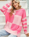 Checkered Color Block Striped High Low Sweater