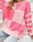 Checkered Color Block Striped High Low Sweater