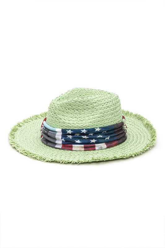 Vintage American Flag Print Straw Fedora Hat