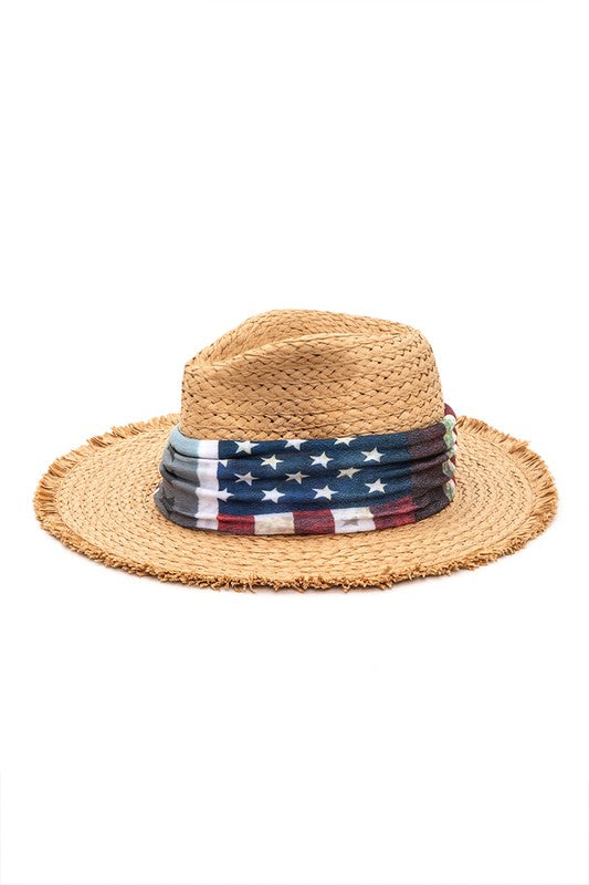 Vintage American Flag Print Straw Fedora Hat