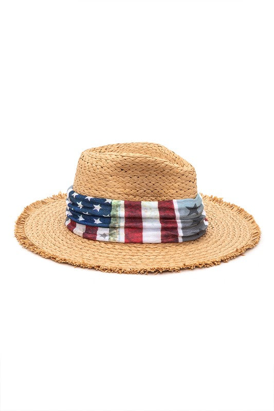 Vintage American Flag Print Straw Fedora Hat