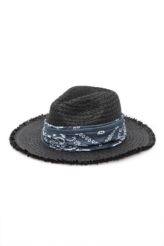 Bandana Raw Edge Black Straw Fedora