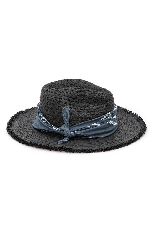 Bandana Raw Edge Black Straw Fedora