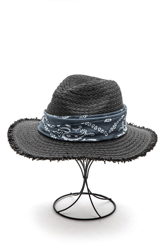 Bandana Raw Edge Black Straw Fedora