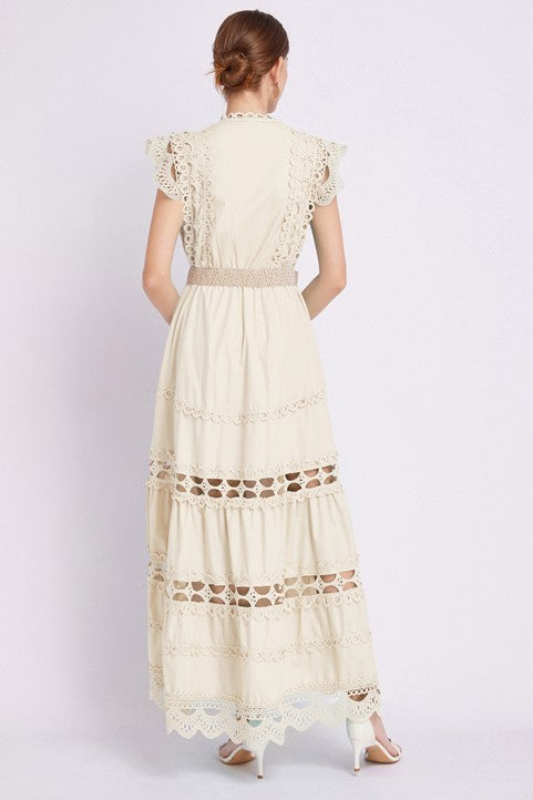 Embroidered Ruffle Long Maxi Dress by Claude