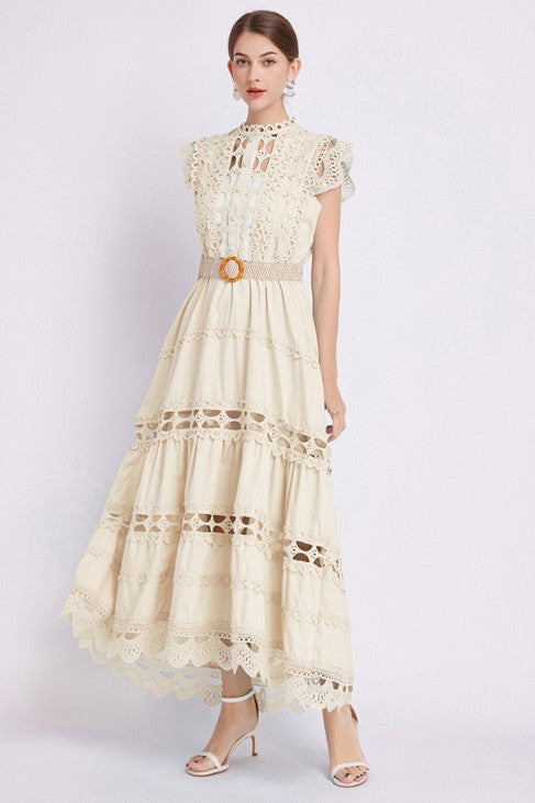 Embroidered Ruffle Long Maxi Dress by Claude