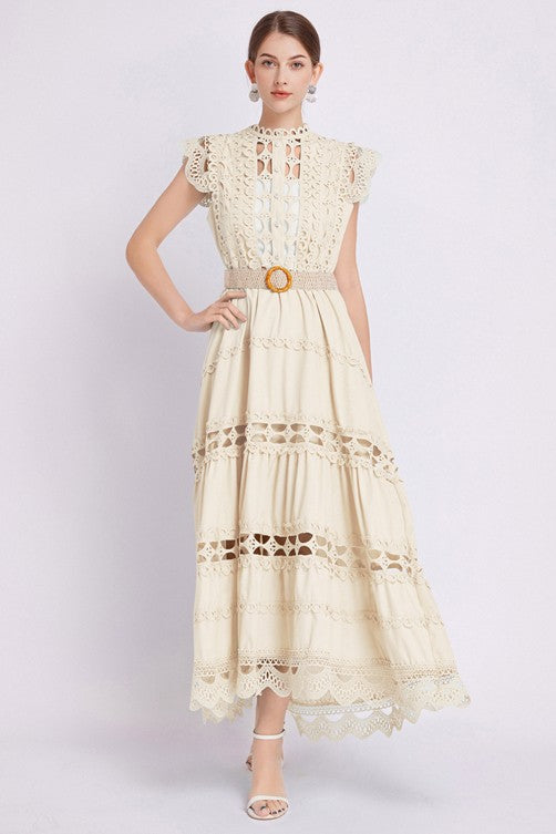 Embroidered Ruffle Long Maxi Dress by Claude