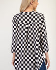 Celeste Full Size Curved Hem Checkered Notched Blouse