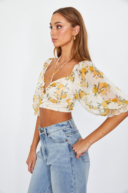 One and Only Collective Inc Chiffon Balloon Sleeved Bustier Crop Top