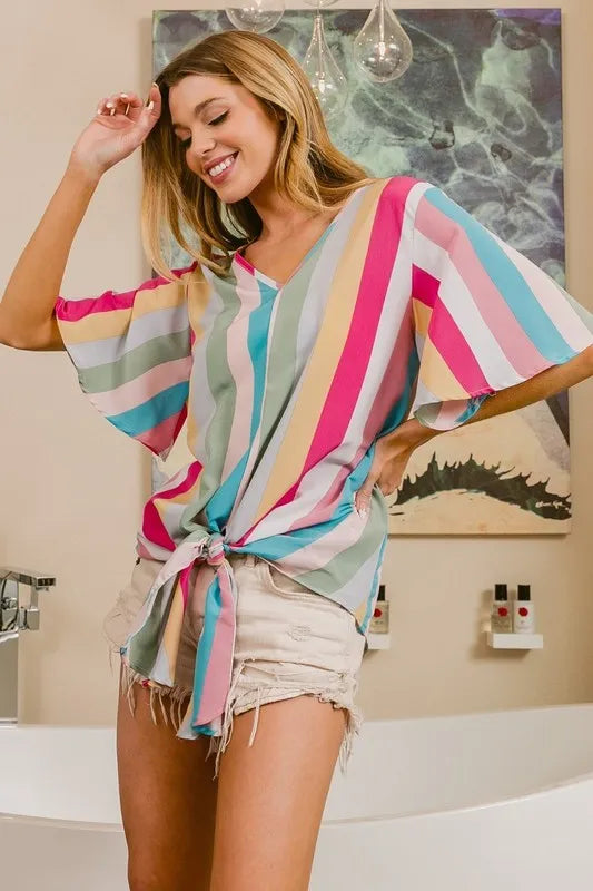 BiBi Multi Stripe Woven V Neck Top with Long Front Tie in Pink