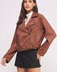 Jade By Jane Belted Long Sleeve Zippered Faux Suede Moto Jacket