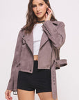 Jade By Jane Belted Long Sleeve Zippered Faux Suede Moto Jacket