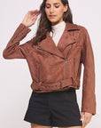 Jade By Jane Belted Long Sleeve Zippered Faux Suede Moto Jacket