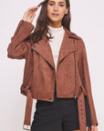 Jade By Jane Belted Long Sleeve Zippered Faux Suede Moto Jacket