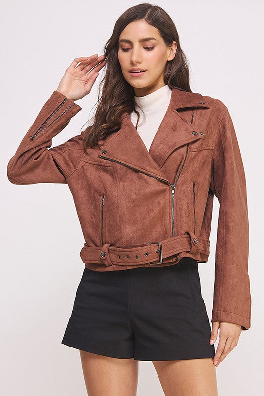 Jade By Jane Belted Long Sleeve Zippered Faux Suede Moto Jacket