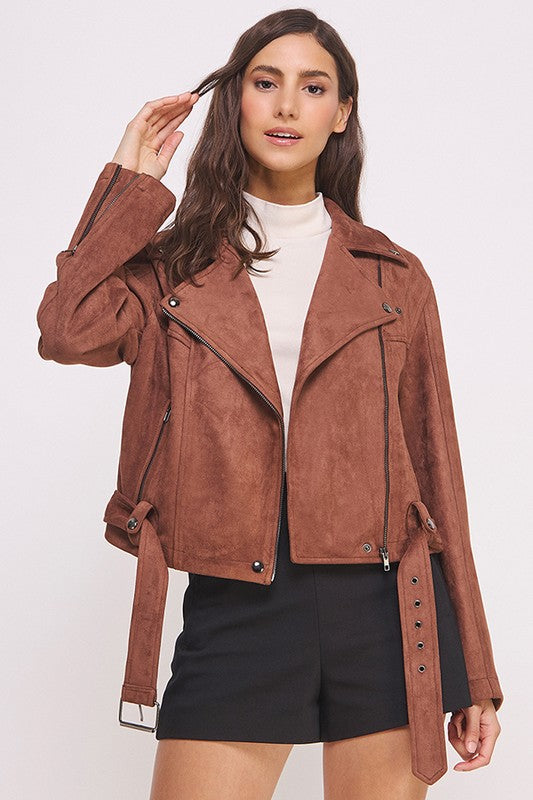 Jade By Jane Belted Long Sleeve Zippered Faux Suede Moto Jacket