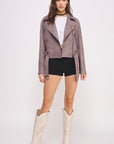 Jade By Jane Belted Long Sleeve Zippered Faux Suede Moto Jacket