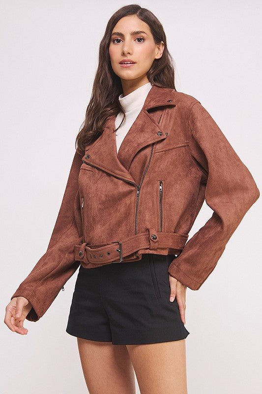Jade By Jane PLUS Belted Long Sleeve Zippered Suede Moto Jacket
