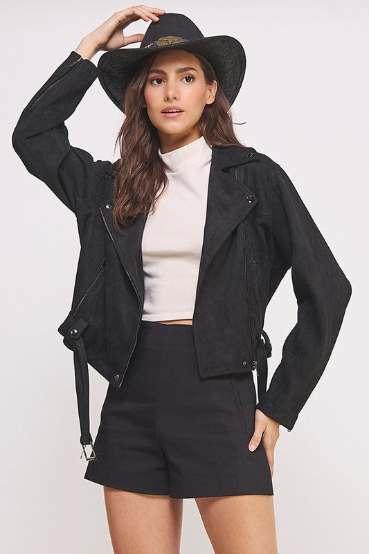 Jade By Jane PLUS Belted Long Sleeve Zippered Suede Moto Jacket