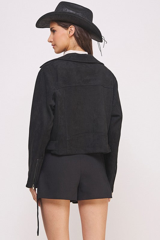 Jade By Jane PLUS Belted Long Sleeve Zippered Suede Moto Jacket