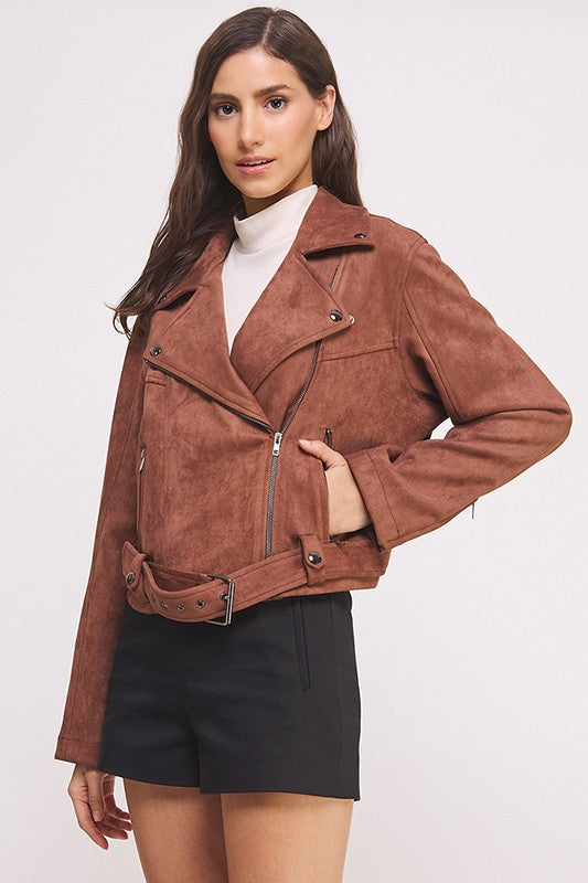 Jade By Jane PLUS Belted Long Sleeve Zippered Suede Moto Jacket