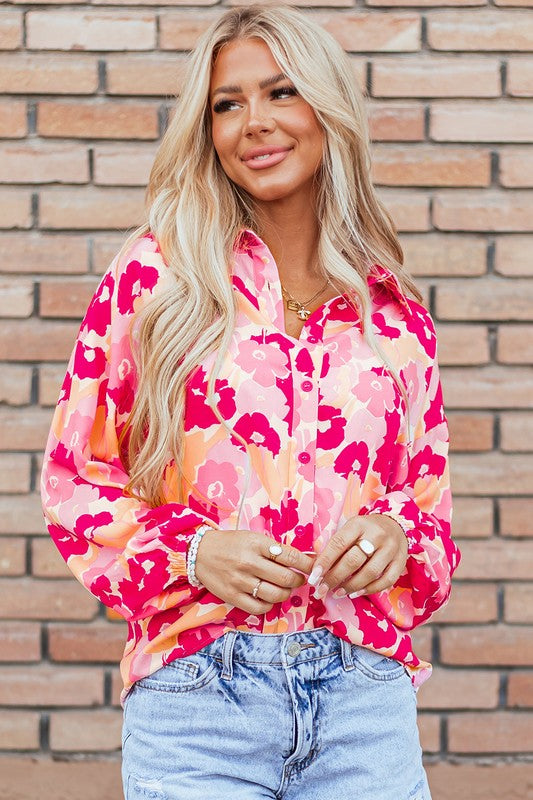 Women Floral Print Puff Sleeve Buttoned Shirt