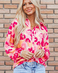 Women Floral Print Puff Sleeve Buttoned Shirt