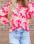 Women Floral Print Puff Sleeve Buttoned Shirt