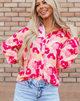 Women Floral Print Puff Sleeve Buttoned Shirt