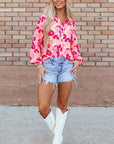 Women Floral Print Puff Sleeve Buttoned Shirt