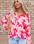 Women Floral Print Puff Sleeve Buttoned Shirt