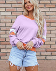 Women Knit Drop Shoulder V Neck Sweatshirt