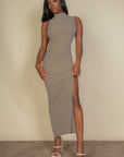 Ribbed Mock Neck Slit Bodycon Dress