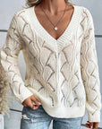 Women Hollow Out Knit V Neck Drop Shoulder Sweater