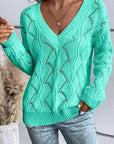 Women Hollow Out Knit V Neck Drop Shoulder Sweater