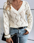 Women Hollow Out Knit V Neck Drop Shoulder Sweater