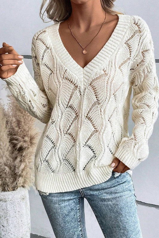 Women Hollow Out Knit V Neck Drop Shoulder Sweater