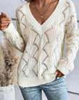 Women Hollow Out Knit V Neck Drop Shoulder Sweater